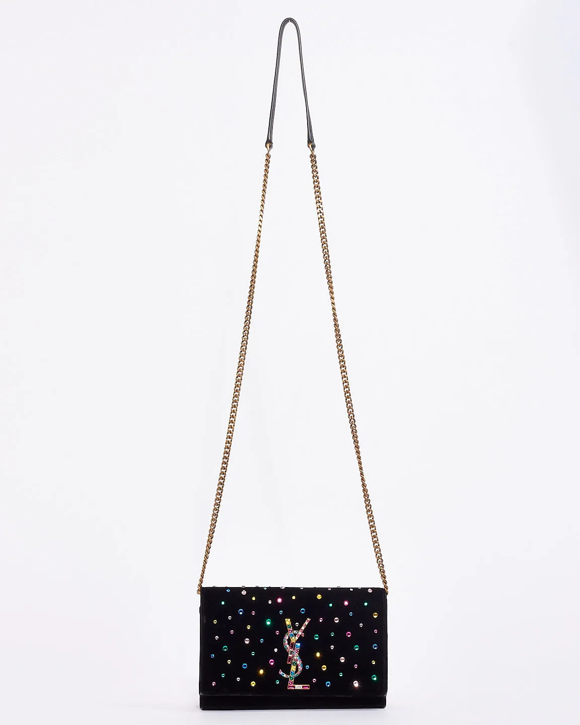 Saint Laurent Black Velvet Crystal Embellished Kate Wallet on Chain Bag