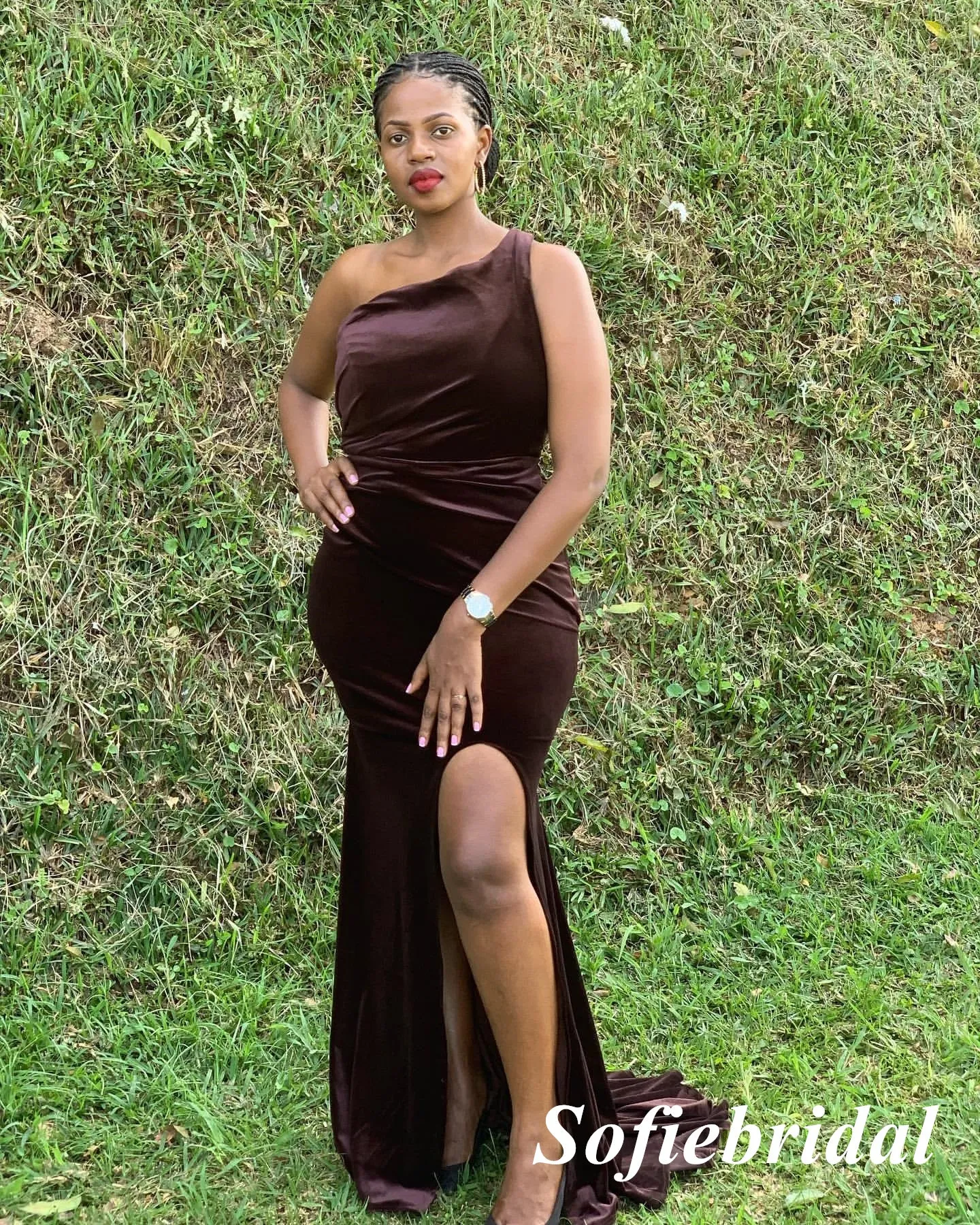 Sexy Velvet One Shoulder Sleeveless Side Slit Mermaid Floor Length Bridesmaid Dresses, SFWG00601