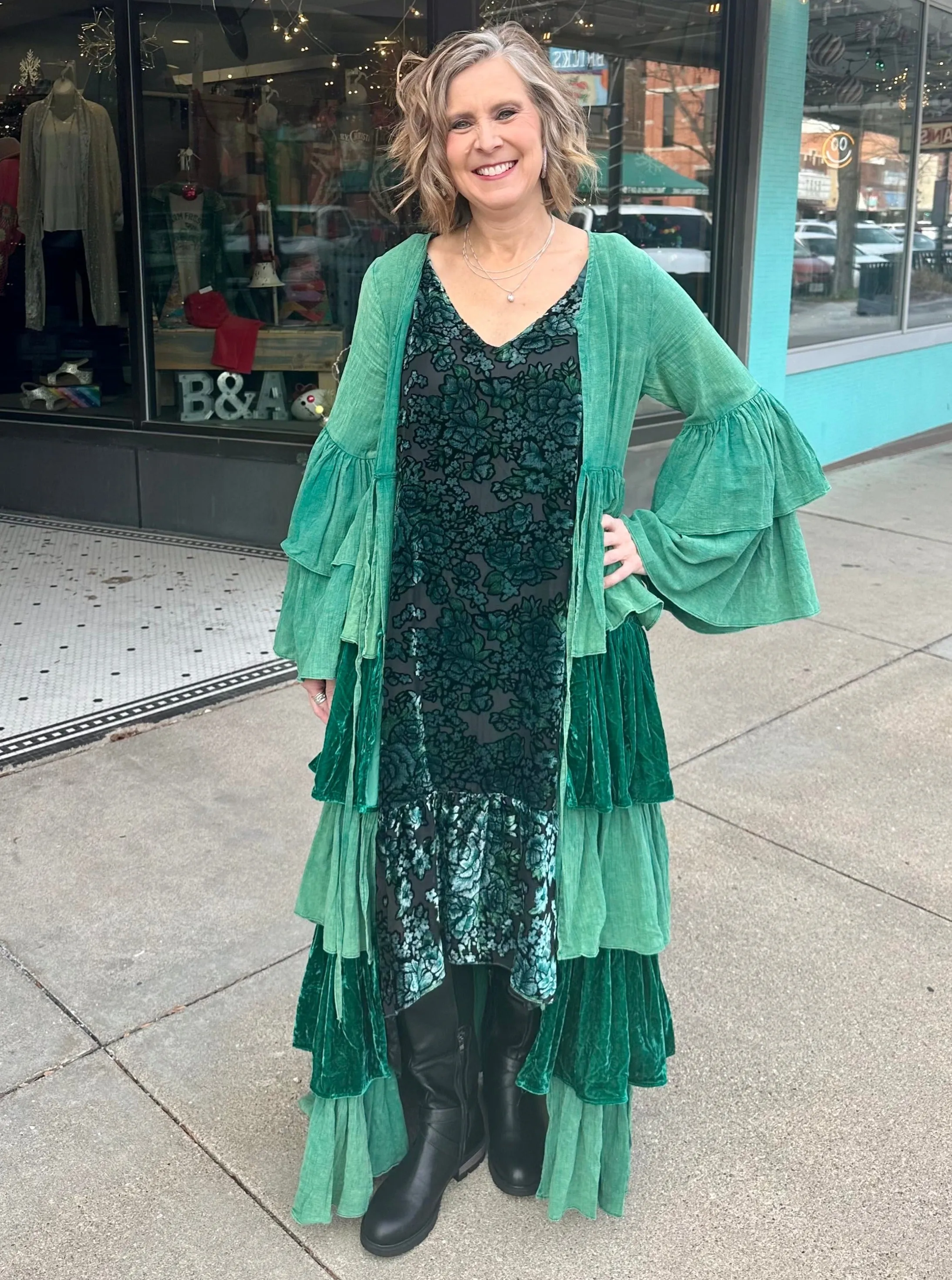 Slvless Tie Shoulder Floral Velvet V Neck Long Dress w/Ruffled Hi Low Bottom Hem