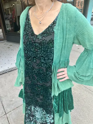 Slvless Tie Shoulder Floral Velvet V Neck Long Dress w/Ruffled Hi Low Bottom Hem