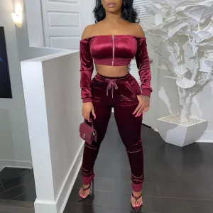 Solid Off Shoulder Zipper Design Pants Set