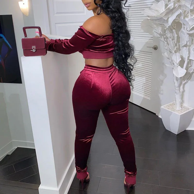 Solid Off Shoulder Zipper Design Pants Set