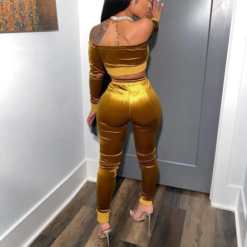 Solid Off Shoulder Zipper Design Pants Set