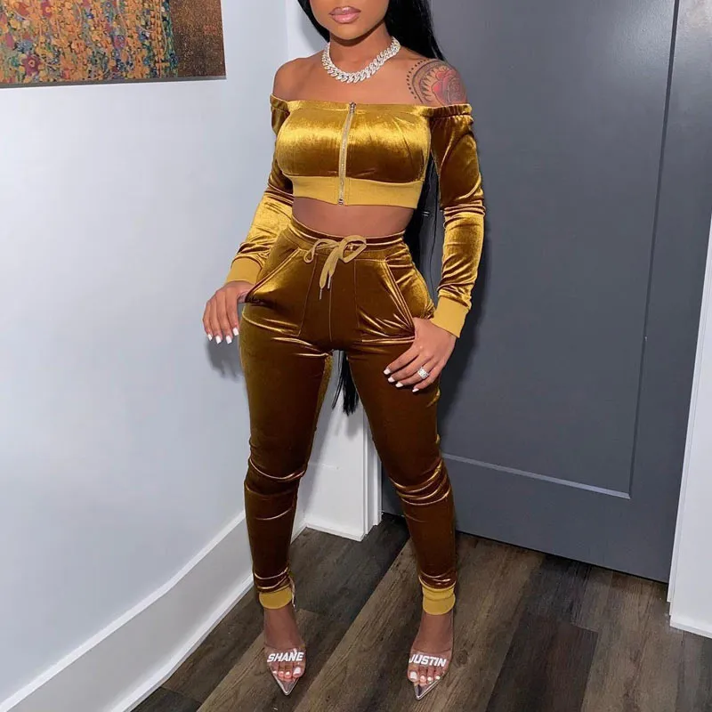 Solid Off Shoulder Zipper Design Pants Set