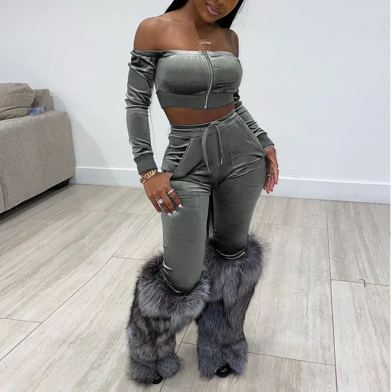 Solid Off Shoulder Zipper Design Pants Set
