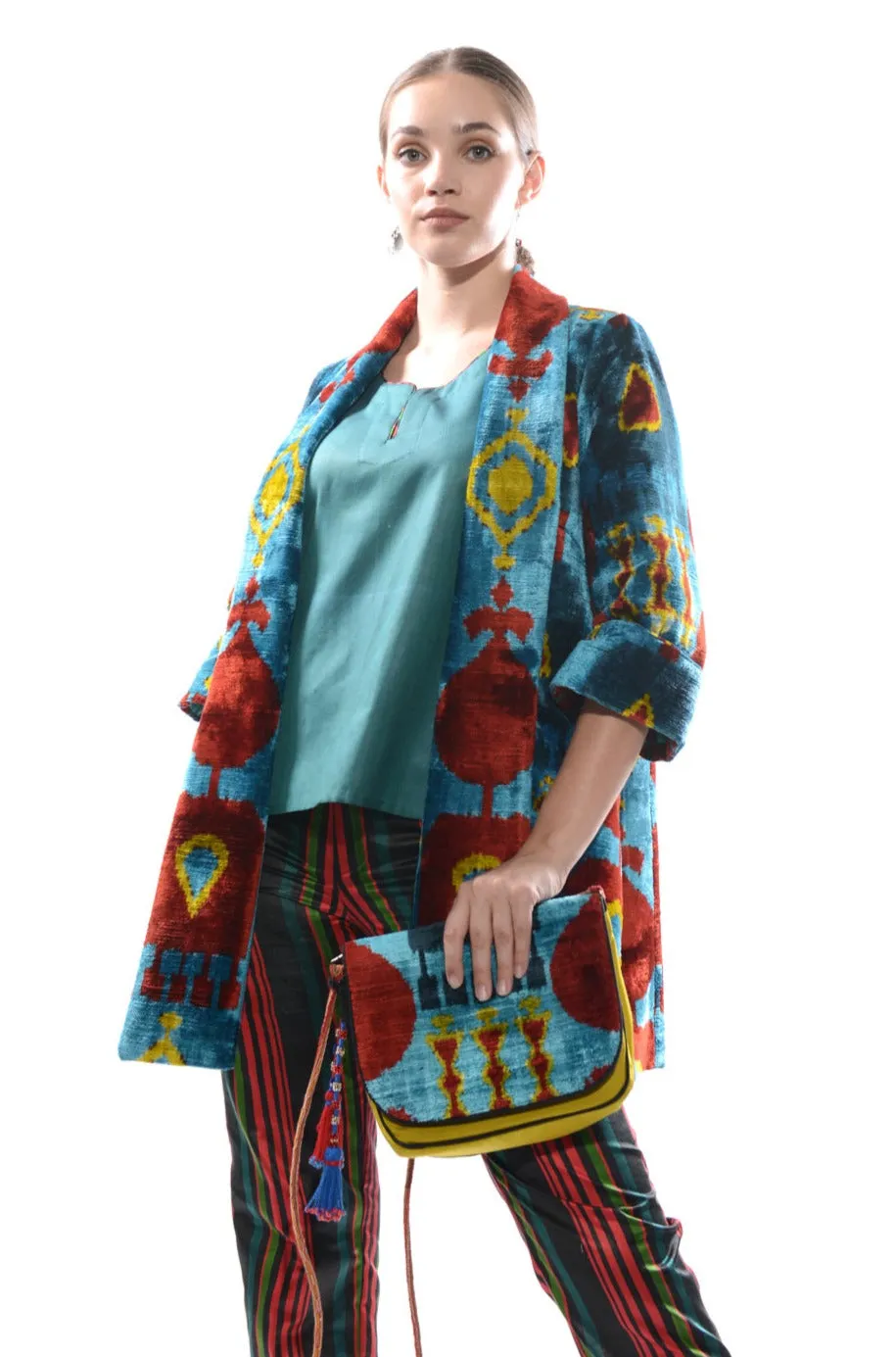 Turquoise Silk and Velvet Ikat Bag
