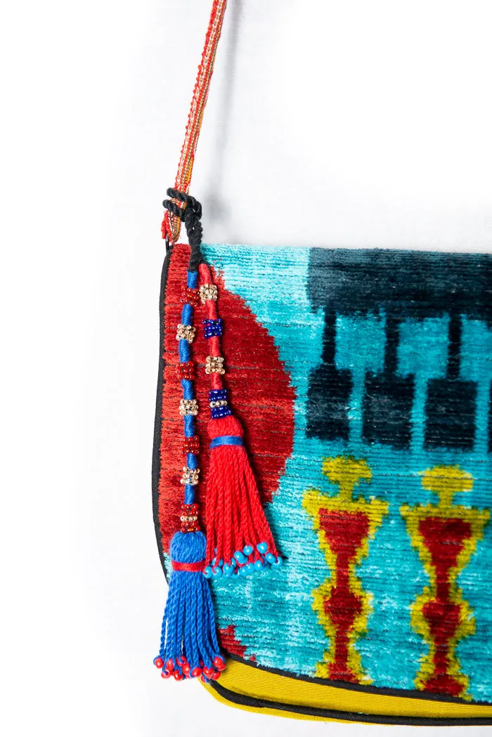 Turquoise Silk and Velvet Ikat Bag