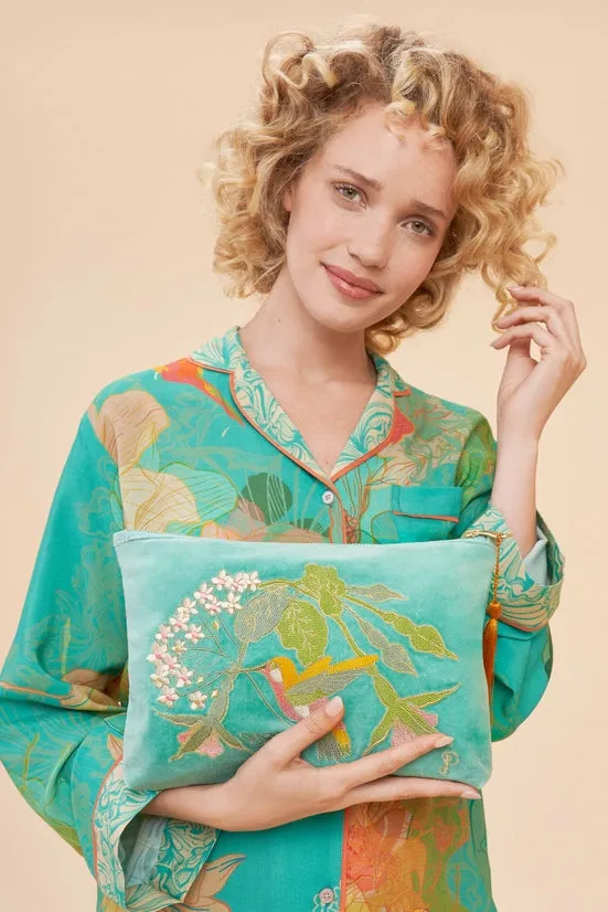 Velvet Embroidered Pouch | Hummingbird, Aqua