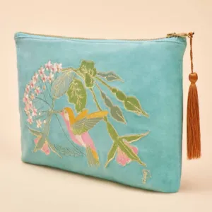 Velvet Embroidered Pouch | Hummingbird, Aqua