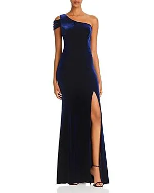 Velvet One-Shoulder Gown with Side Split