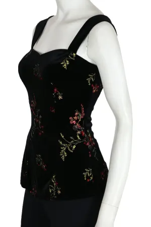 VICTORIA Sweetheart Neckline Wide Strap Embroidered Velvet Top Black