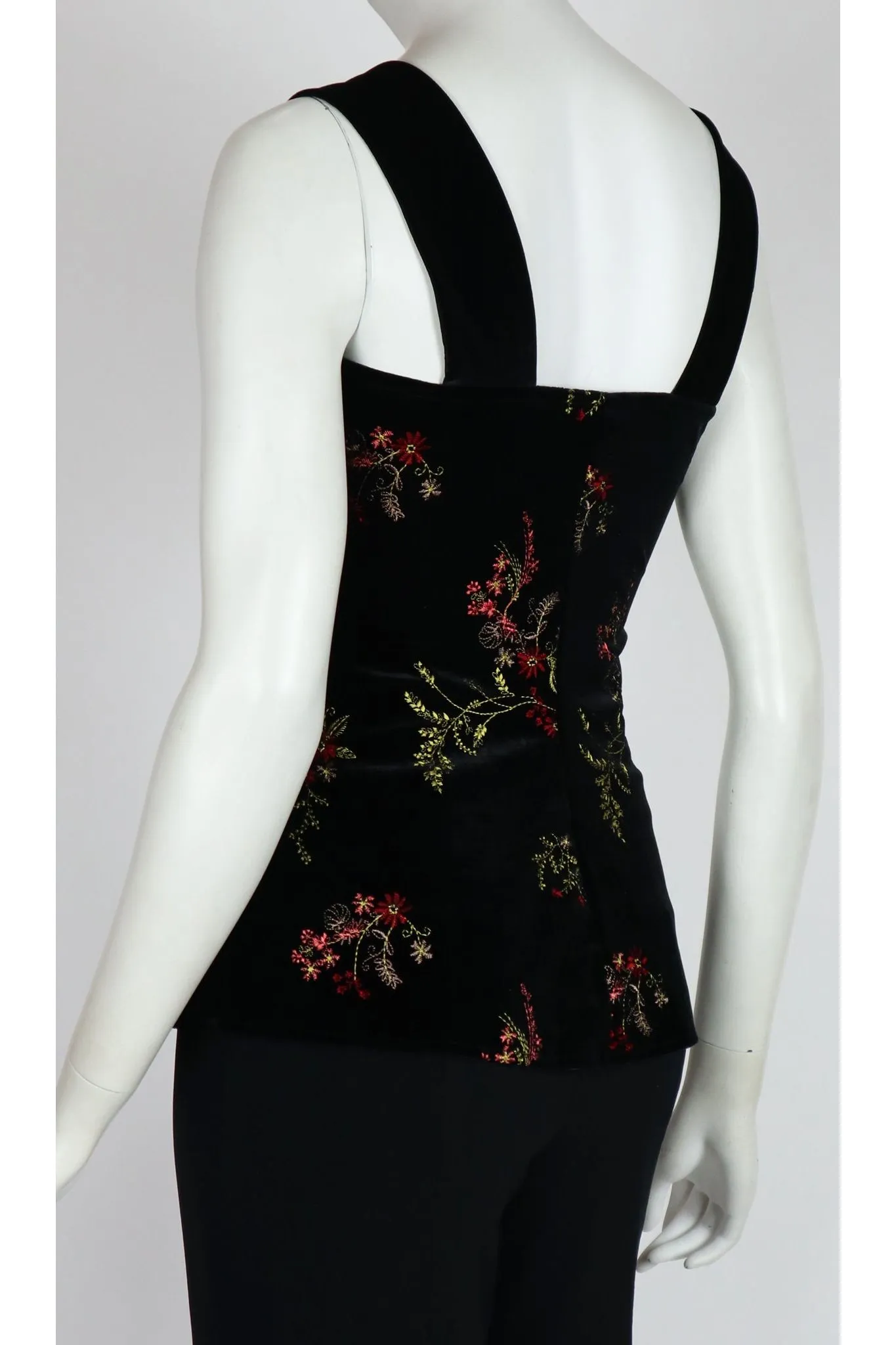 VICTORIA Sweetheart Neckline Wide Strap Embroidered Velvet Top Black
