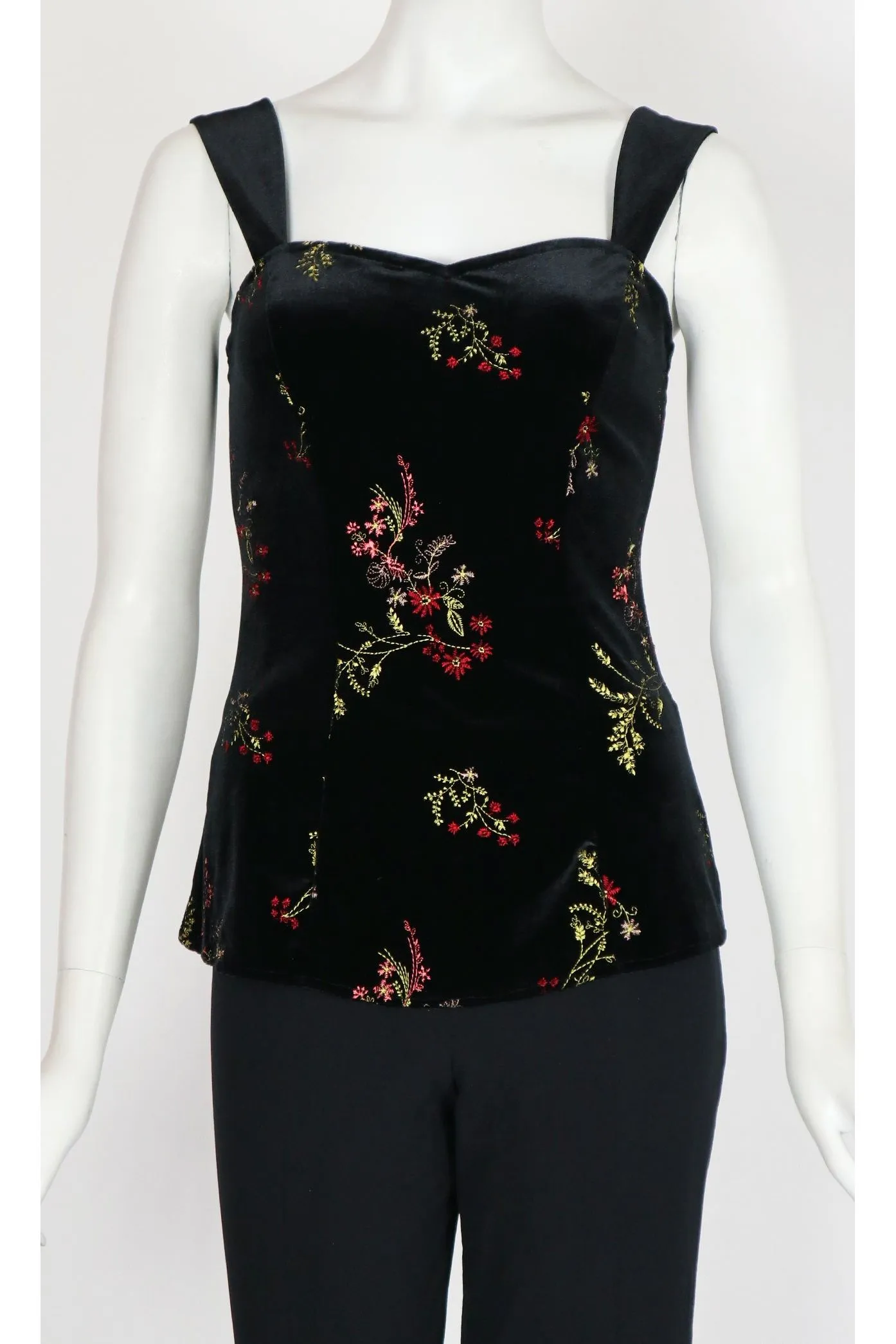 VICTORIA Sweetheart Neckline Wide Strap Embroidered Velvet Top Black