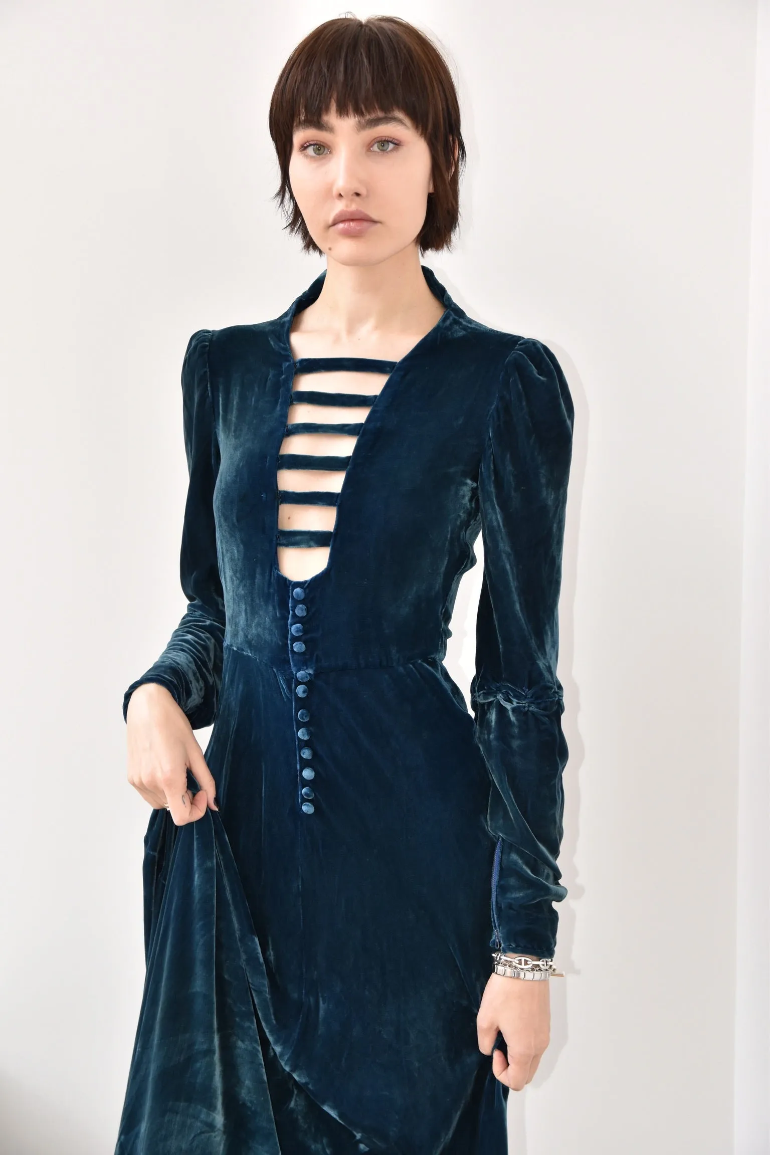Vintage 1930’s Sapphire Blue Silk Velvet Cage Front Gown