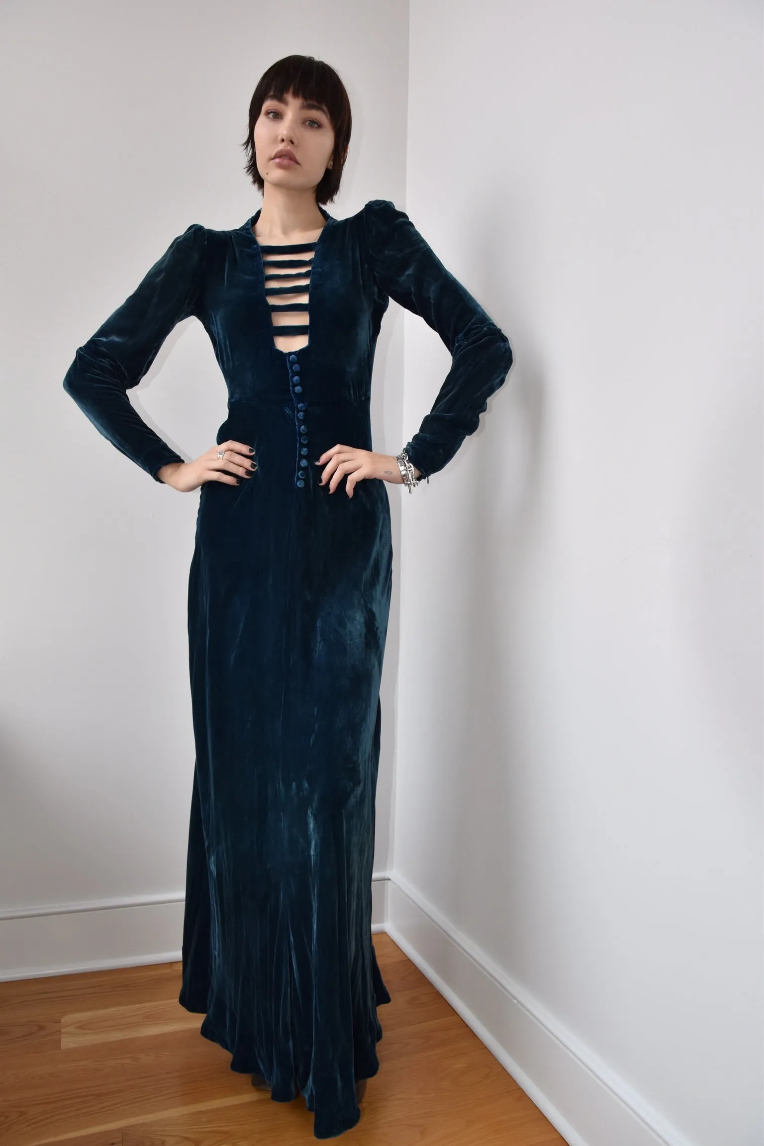 Vintage 1930’s Sapphire Blue Silk Velvet Cage Front Gown