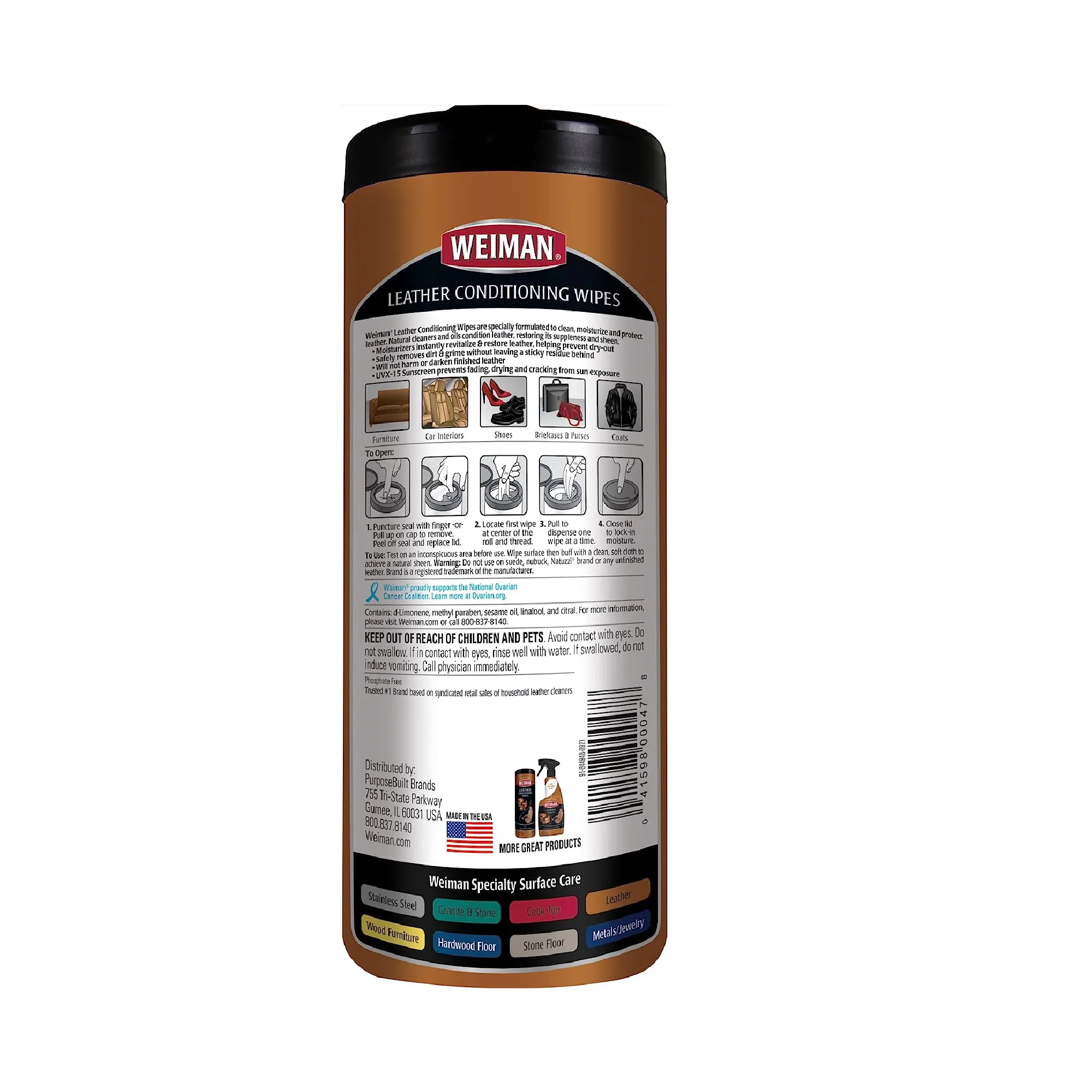 Weiman Leather Cleaner & Conditioner Wipes With UV Protection 10.86 oz
