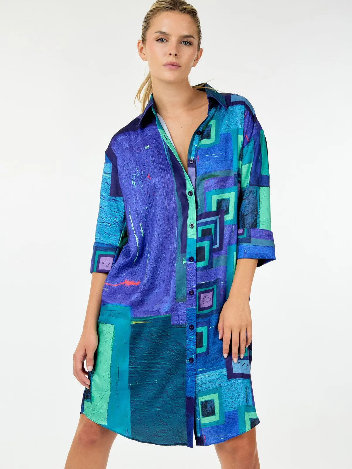 WOMEN'S 3/4 SLEEVE BUTTON UP FRONT POCKETS MULTI PRINT TUNIC MINI DRESS