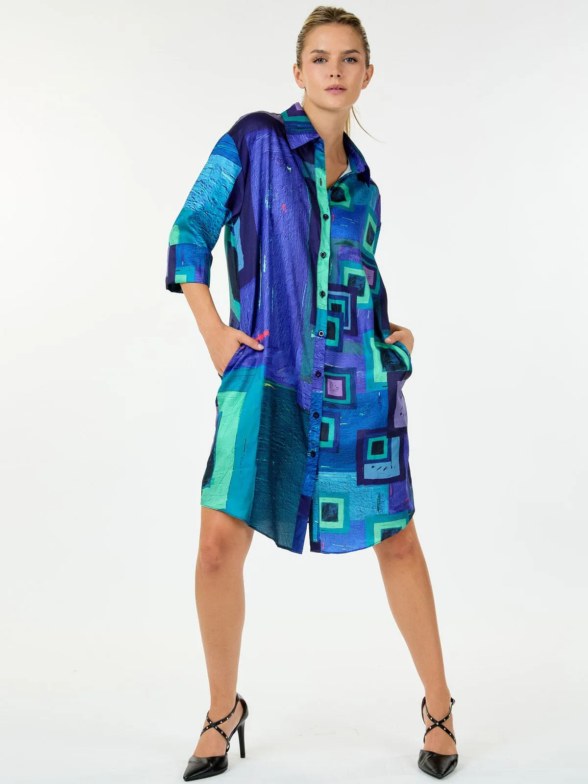 WOMEN'S 3/4 SLEEVE BUTTON UP FRONT POCKETS MULTI PRINT TUNIC MINI DRESS