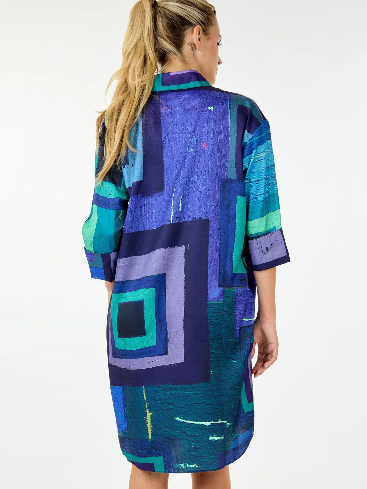 WOMEN'S 3/4 SLEEVE BUTTON UP FRONT POCKETS MULTI PRINT TUNIC MINI DRESS
