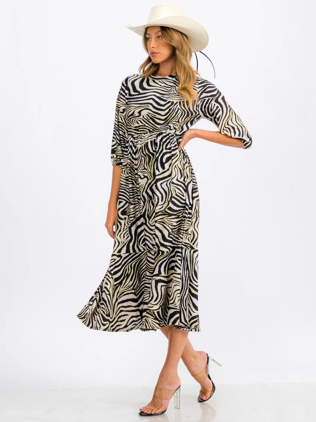 WOMEN'S 3/4 SLEEVE ELASTIC WAIST FRONT POCKETS ZEBRA PRINT MIDI DRESS