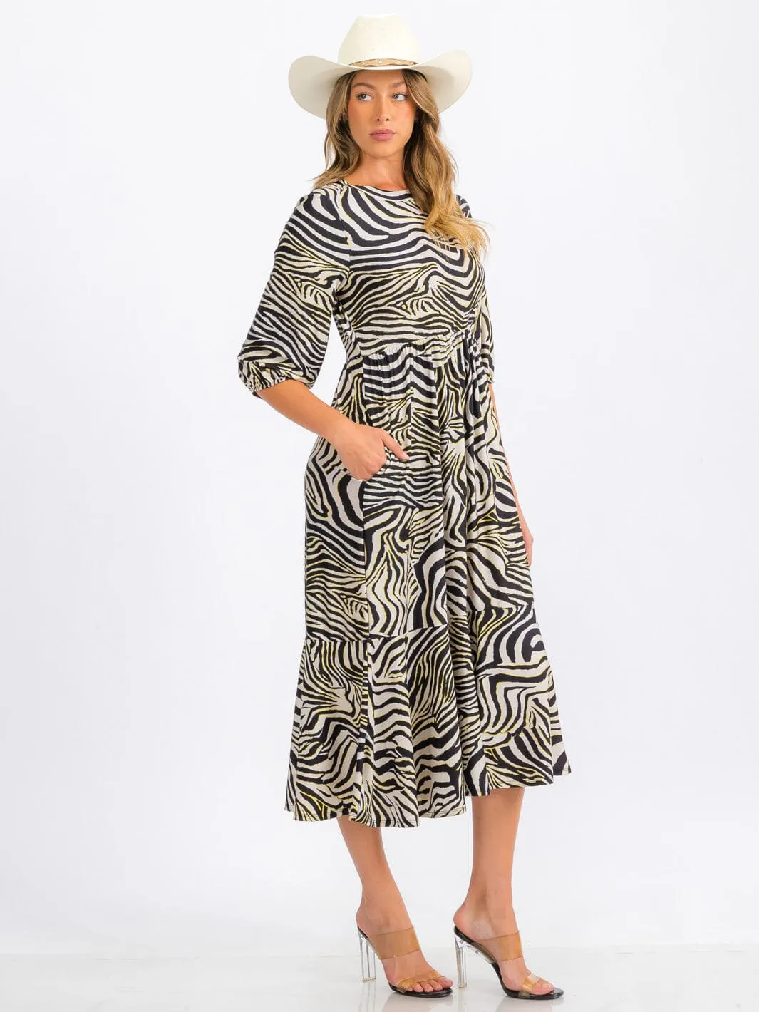 WOMEN'S 3/4 SLEEVE ELASTIC WAIST FRONT POCKETS ZEBRA PRINT MIDI DRESS