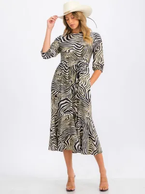 WOMEN'S 3/4 SLEEVE ELASTIC WAIST FRONT POCKETS ZEBRA PRINT MIDI DRESS
