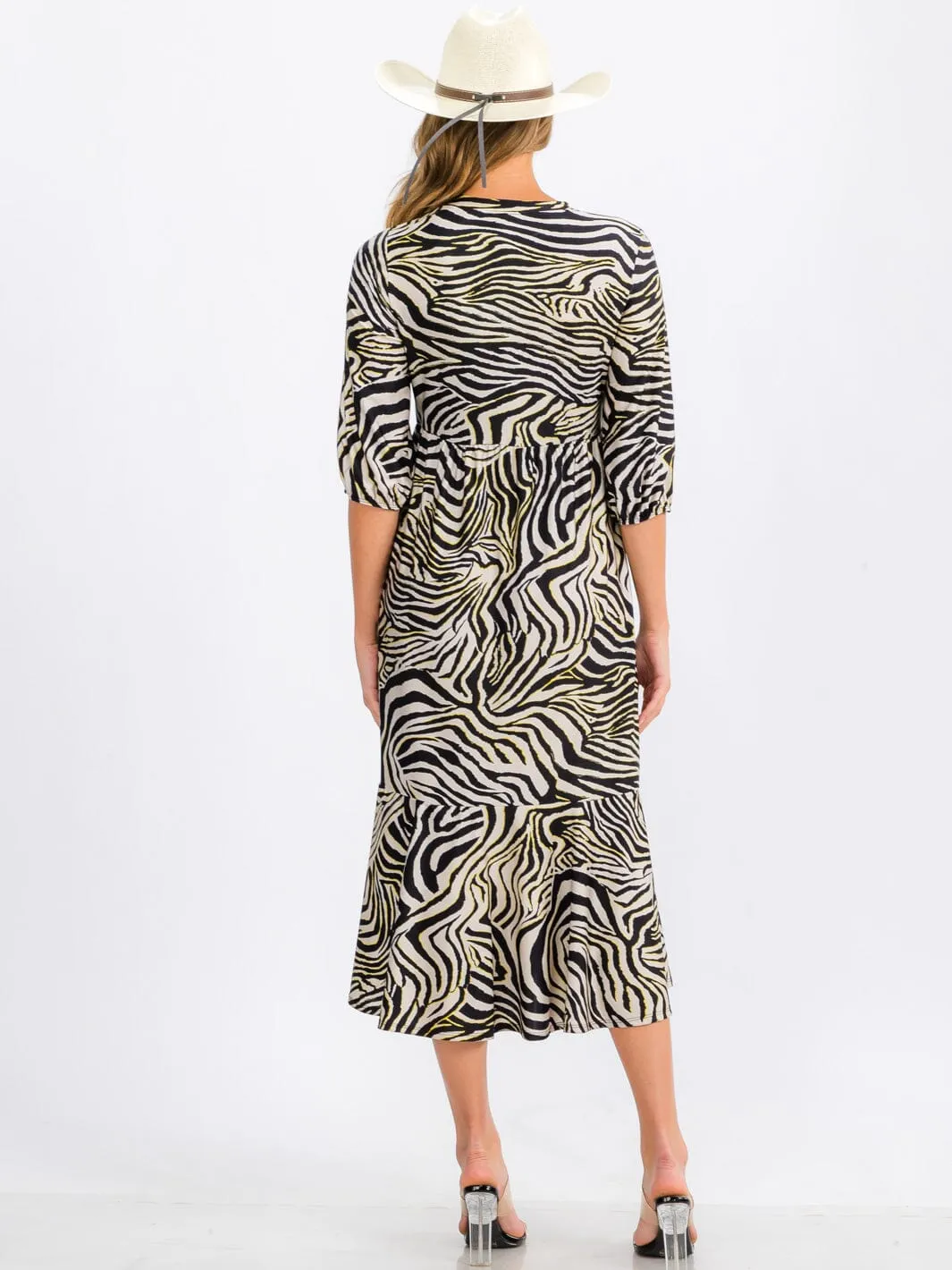 WOMEN'S 3/4 SLEEVE ELASTIC WAIST FRONT POCKETS ZEBRA PRINT MIDI DRESS