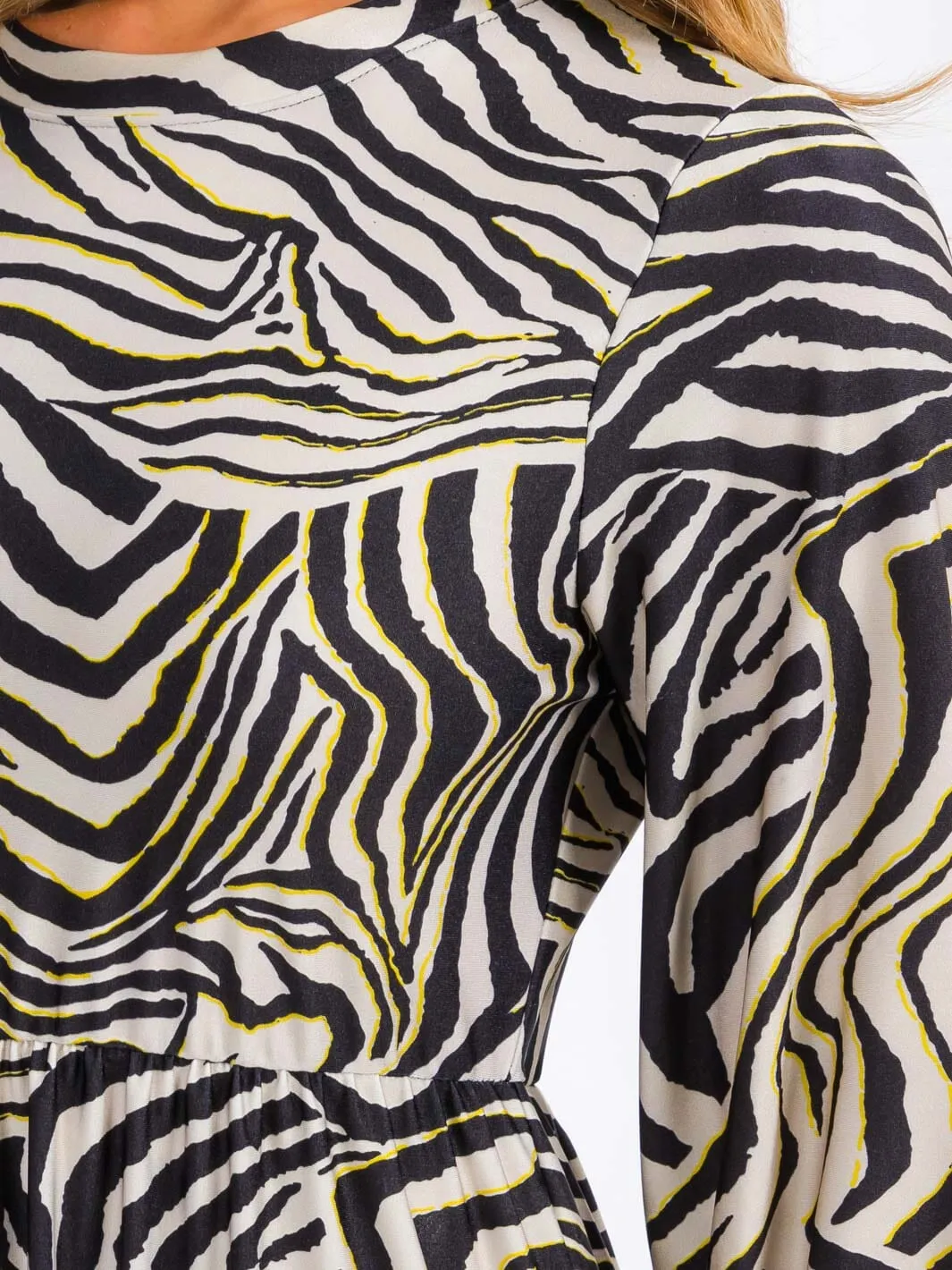 WOMEN'S 3/4 SLEEVE ELASTIC WAIST FRONT POCKETS ZEBRA PRINT MIDI DRESS