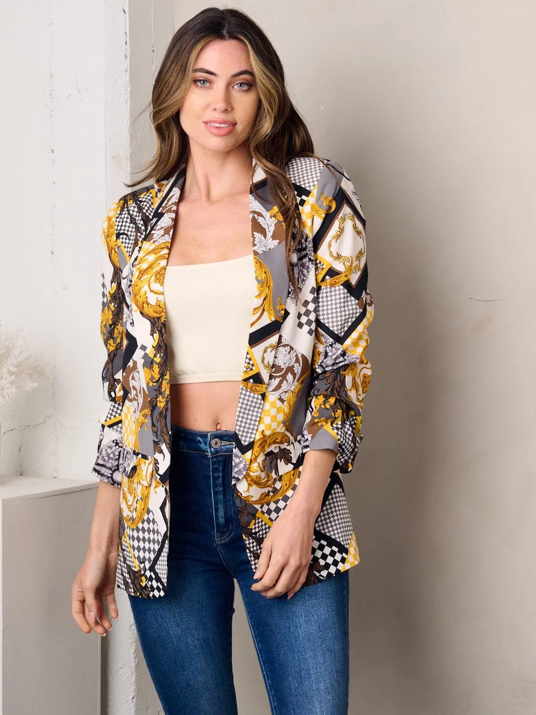 WOMEN'S 3/4 SLEEVE OPEN FRONT MULTI PRINT BLAZER
