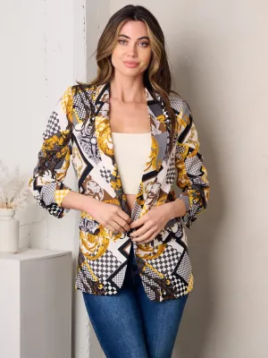 WOMEN'S 3/4 SLEEVE OPEN FRONT MULTI PRINT BLAZER