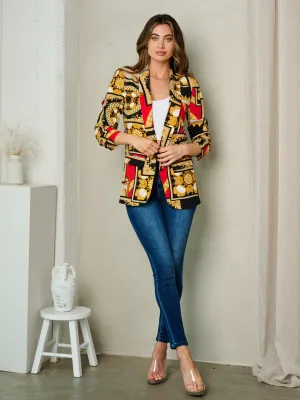 WOMEN'S 3/4 SLEEVE OPEN FRONT MULTI PRINT BLAZER