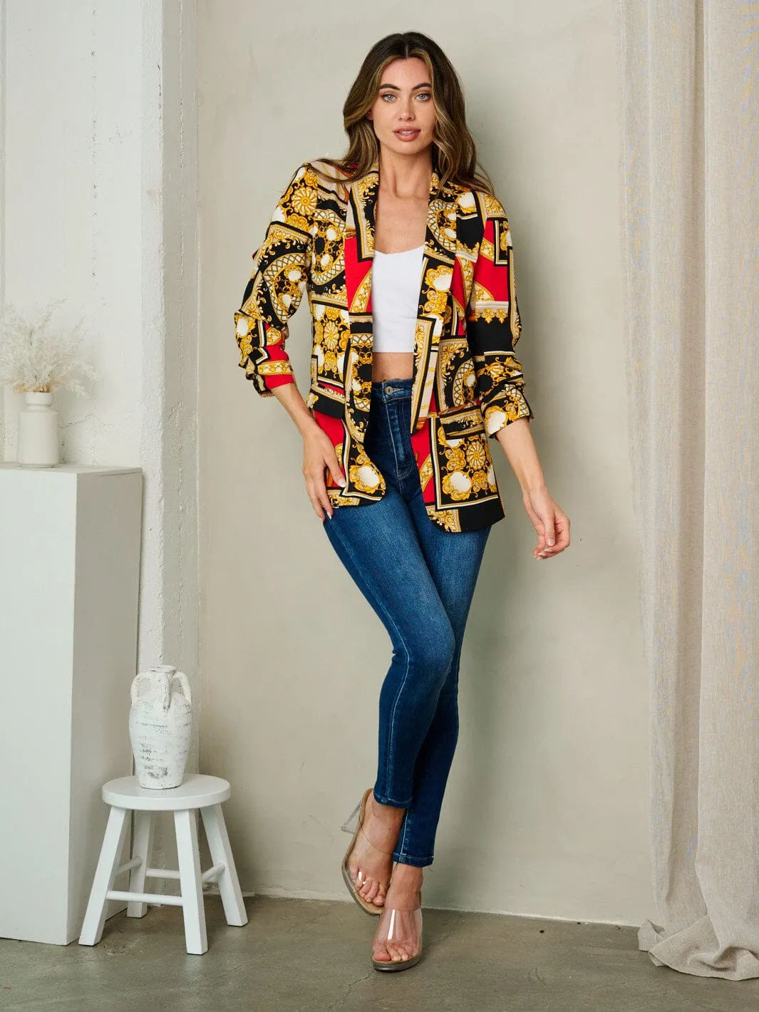 WOMEN'S 3/4 SLEEVE OPEN FRONT MULTI PRINT BLAZER