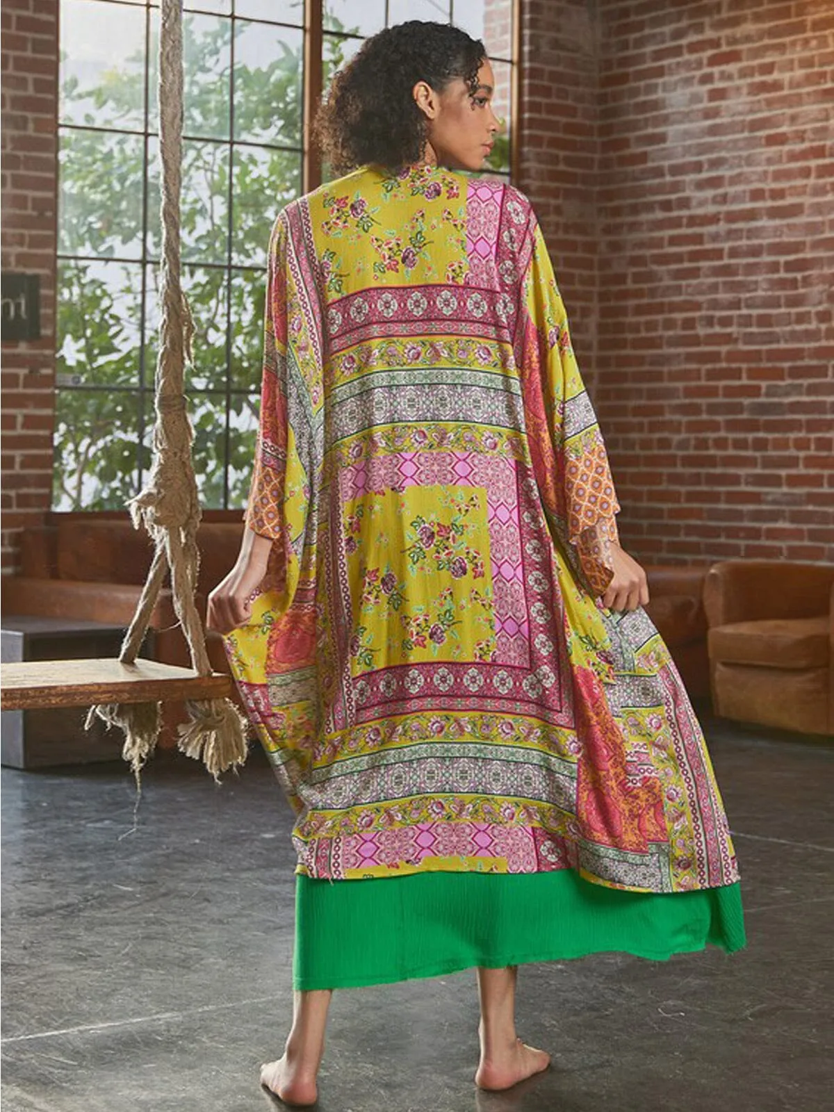 WOMEN'S 3/4 SLEEVE OPEN FRONT MULTI PRINT KIMONO