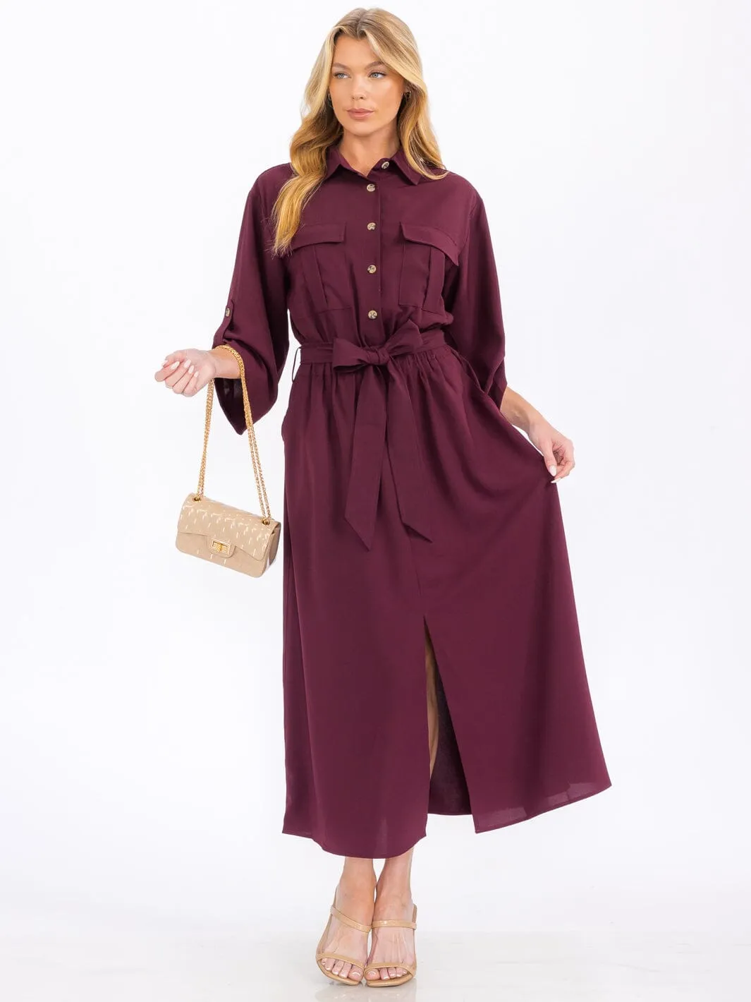 WOMEN'S 3/4 SLEEVES BUTTON UP SELF TIE MAXI DRESS