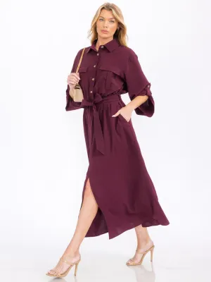 WOMEN'S 3/4 SLEEVES BUTTON UP SELF TIE MAXI DRESS