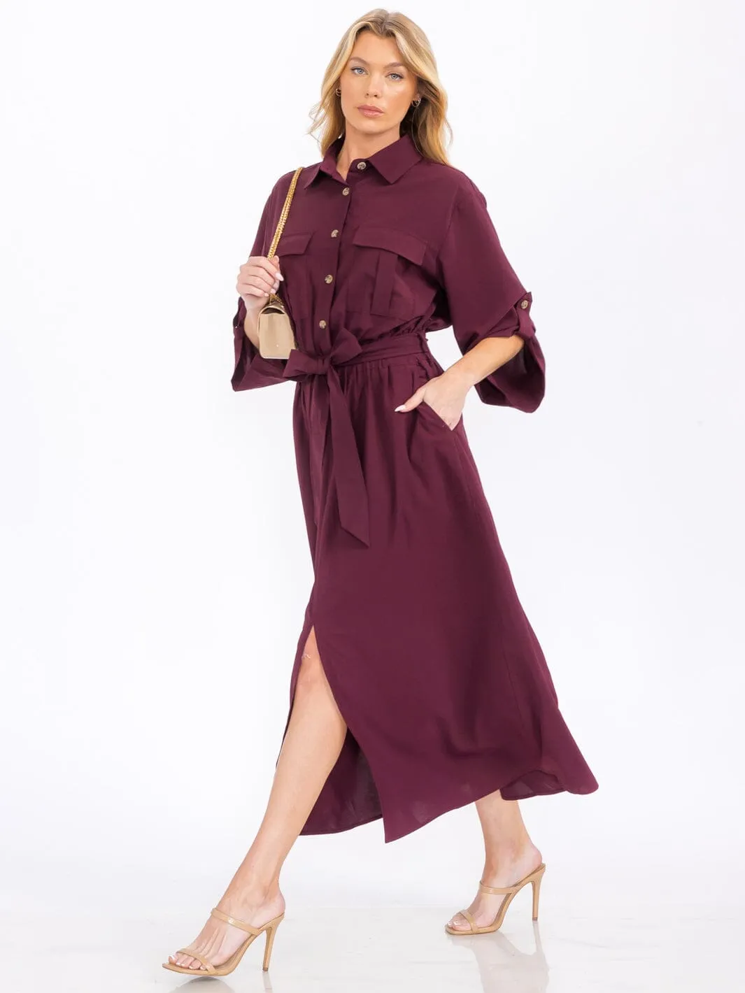 WOMEN'S 3/4 SLEEVES BUTTON UP SELF TIE MAXI DRESS