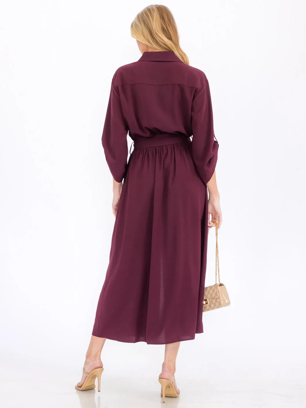 WOMEN'S 3/4 SLEEVES BUTTON UP SELF TIE MAXI DRESS