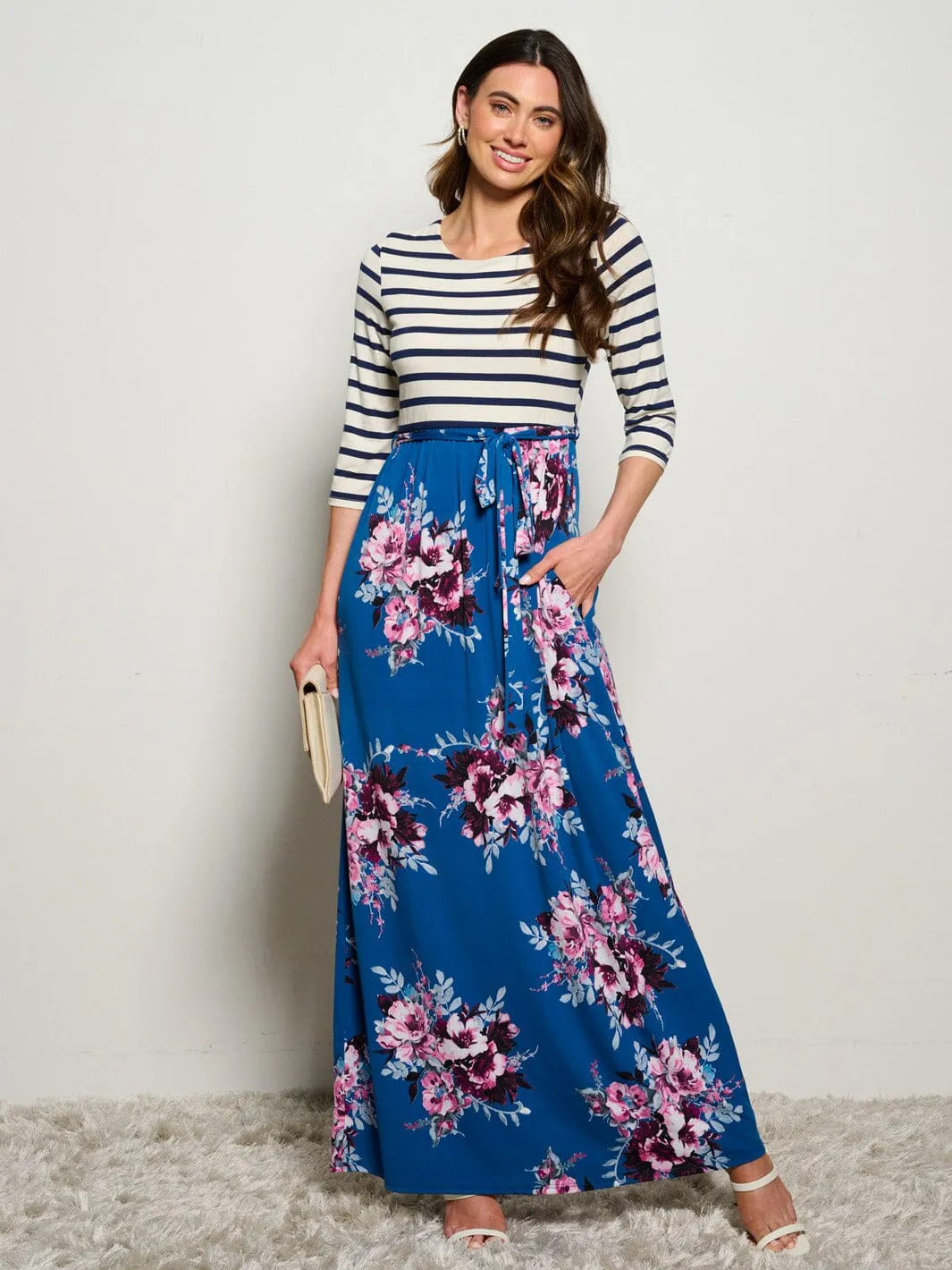 WOMEN'S 3/4 SLEEVES POCKETS  ELASTIC WAIST FLORAL STRIPES MAXI DRESS