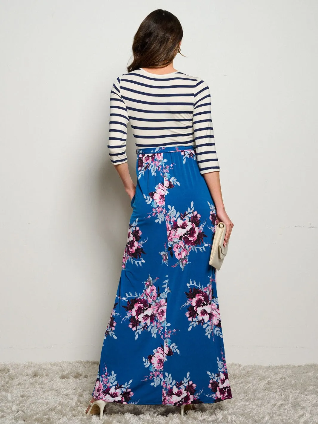 WOMEN'S 3/4 SLEEVES POCKETS  ELASTIC WAIST FLORAL STRIPES MAXI DRESS