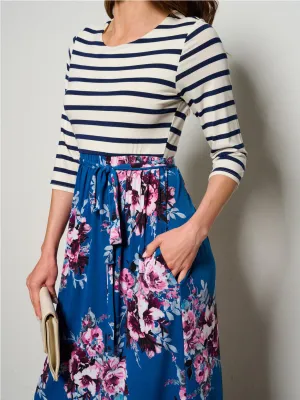 WOMEN'S 3/4 SLEEVES POCKETS  ELASTIC WAIST FLORAL STRIPES MAXI DRESS