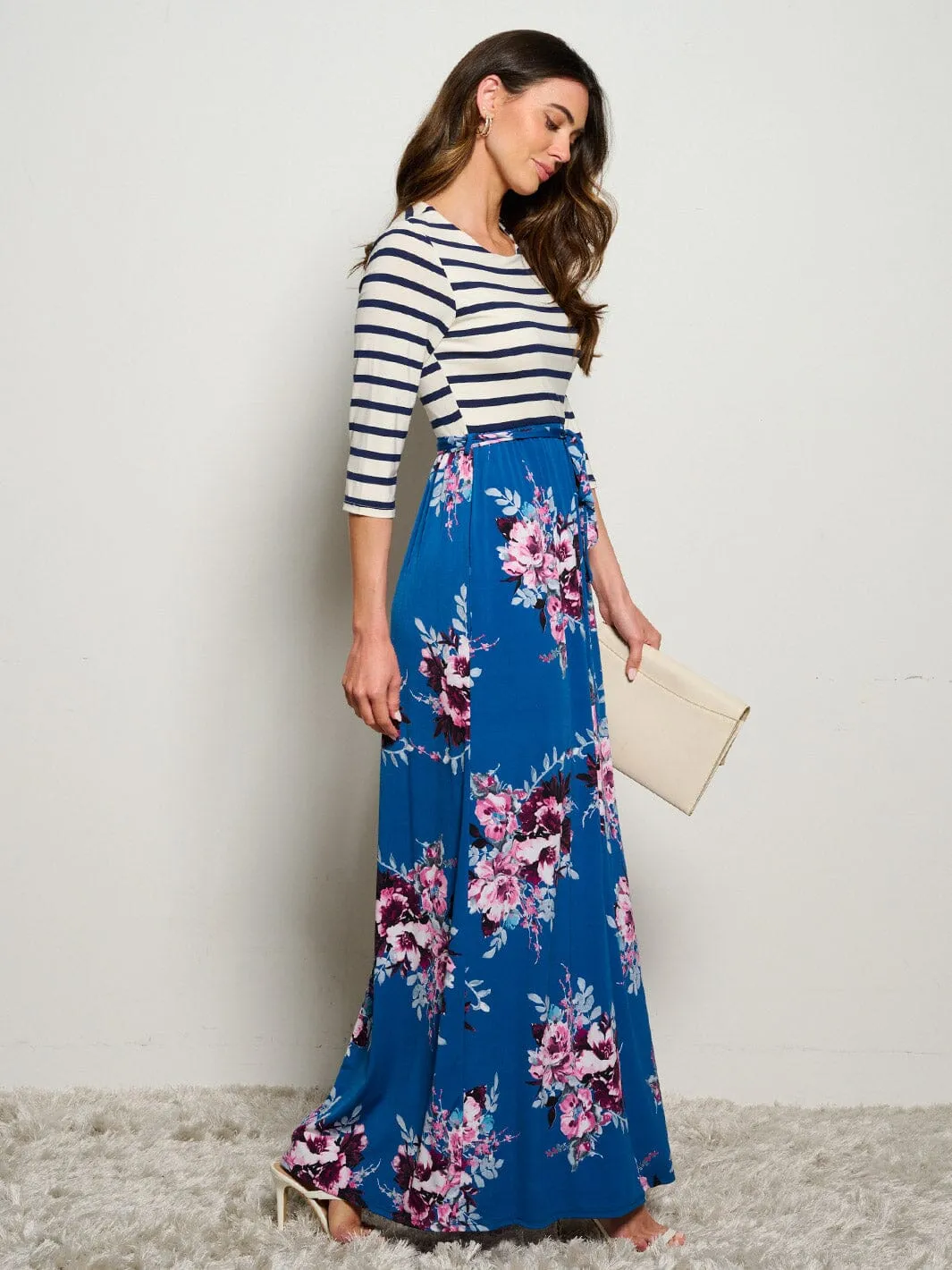 WOMEN'S 3/4 SLEEVES POCKETS  ELASTIC WAIST FLORAL STRIPES MAXI DRESS