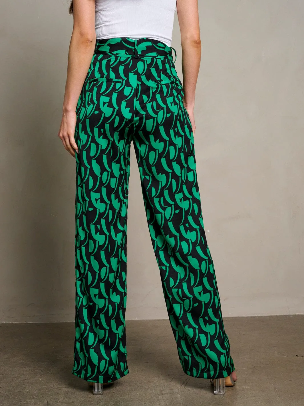 WOMEN'S BUTTON CLOSURE BELTES POCKETS MULTI PRINT PANTS