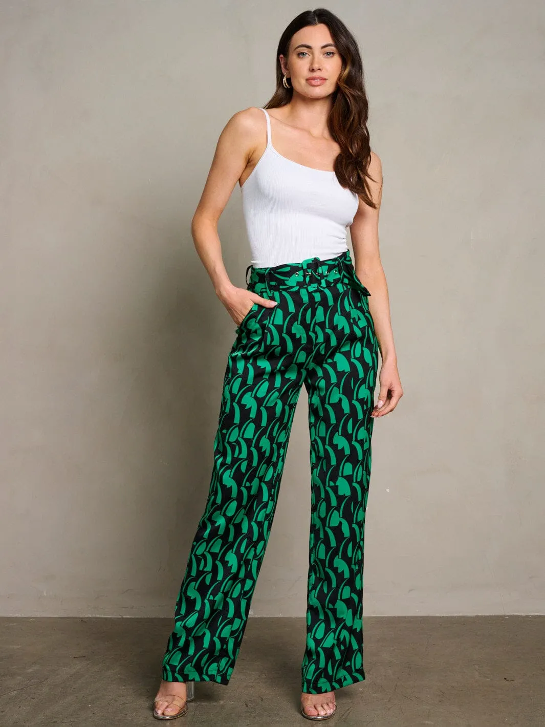 WOMEN'S BUTTON CLOSURE BELTES POCKETS MULTI PRINT PANTS