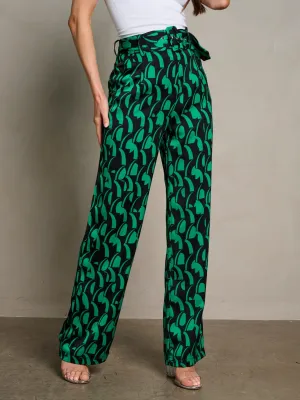 WOMEN'S BUTTON CLOSURE BELTES POCKETS MULTI PRINT PANTS