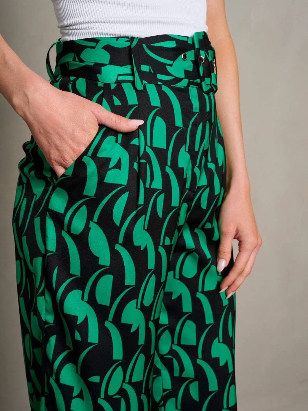 WOMEN'S BUTTON CLOSURE BELTES POCKETS MULTI PRINT PANTS