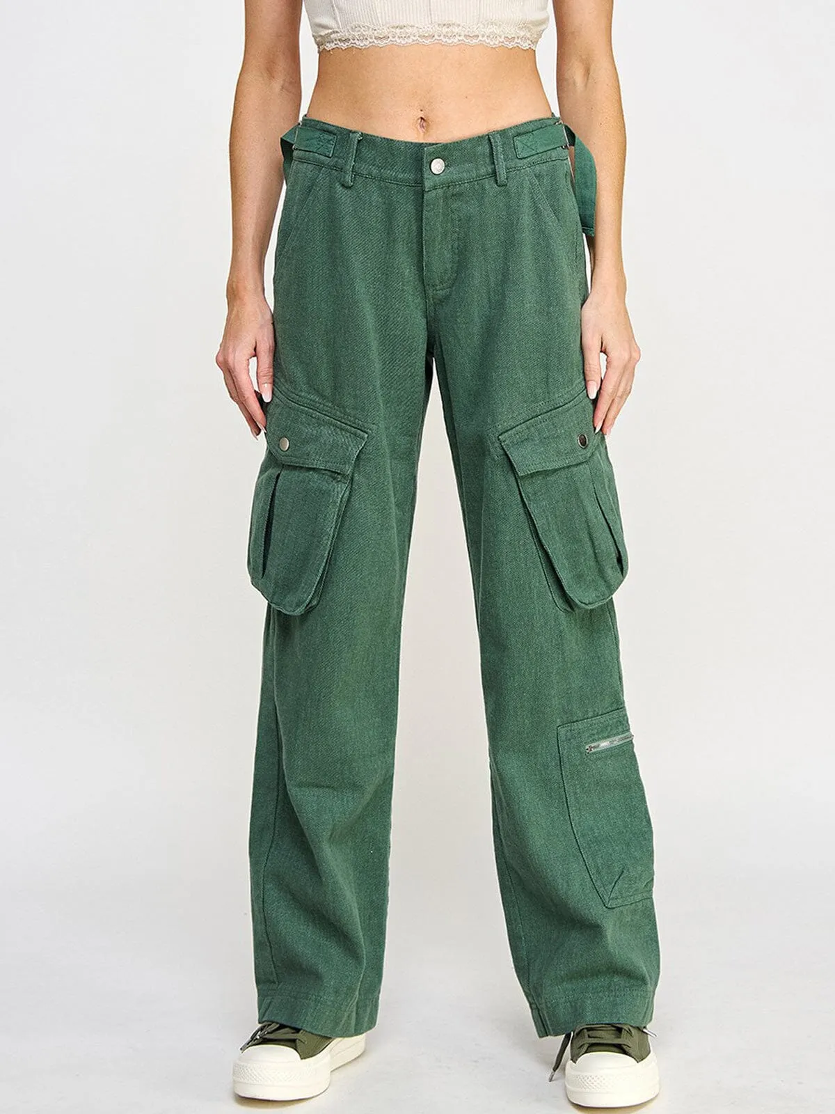 WOMEN'S BUTTON CLOSURE CARGO POCKETS WIDE LEG PANTS