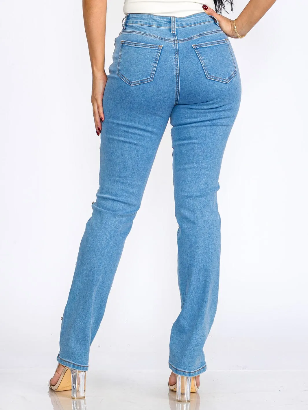 WOMEN'S BUTTON CLOSURE POCKETS BUTTERFLY STRETCH DENIM SKINNY JEANS