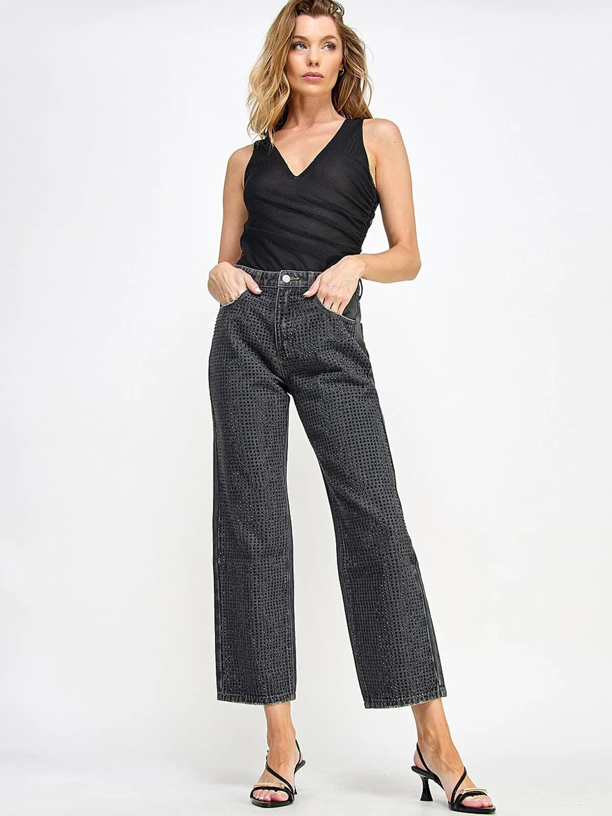 WOMEN'S BUTTON CLOSURE POCKETS WIDE LEG DENIM STUDS PANTS