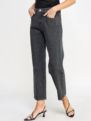 WOMEN'S BUTTON CLOSURE POCKETS WIDE LEG DENIM STUDS PANTS