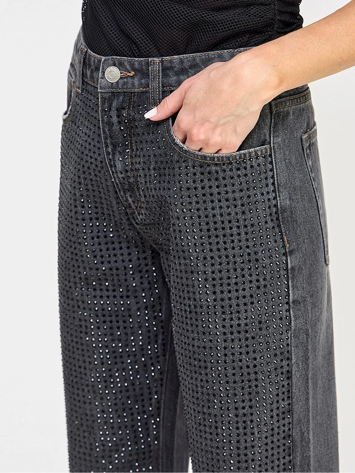 WOMEN'S BUTTON CLOSURE POCKETS WIDE LEG DENIM STUDS PANTS